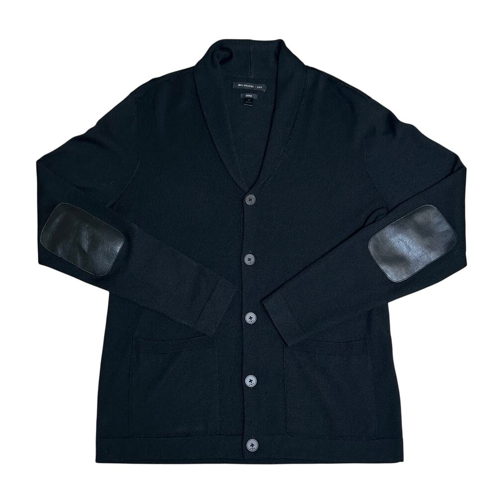 John Varvatos luxe black shawl collar lamb leather patches wool cardigan M